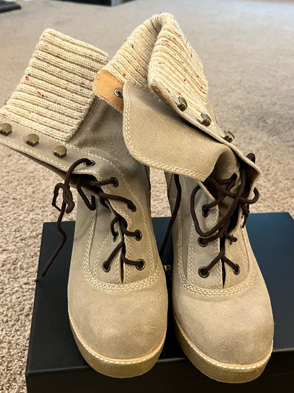 Women’s Beige Suede Lace-Up Ankle Boots with Knit Cuff